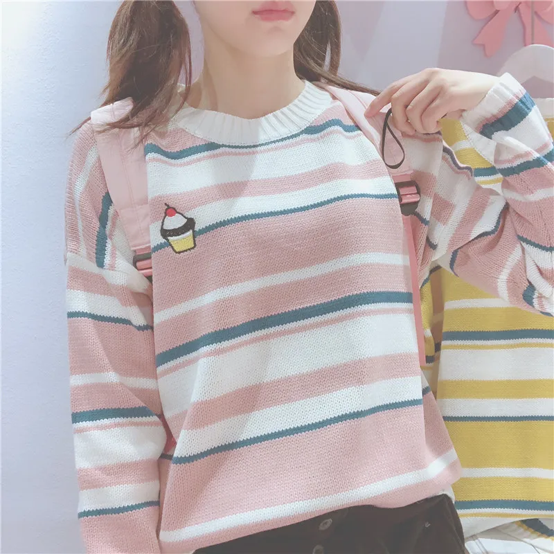 

Autumn and winter women's 2019 Striped Sweet Sweater Candy Pastel Color Cake Embroidery Round Neck O-neck Long Sleeve Sweater