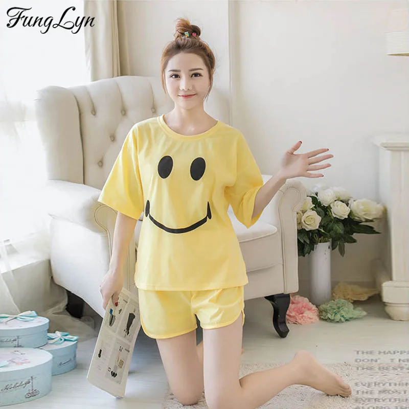FLD146 милые корейские со смайликом короткий рукав пижама Для женщин пижамные комплекты Пижама Mujer пижамы Feminino Ночной костюм пижамы