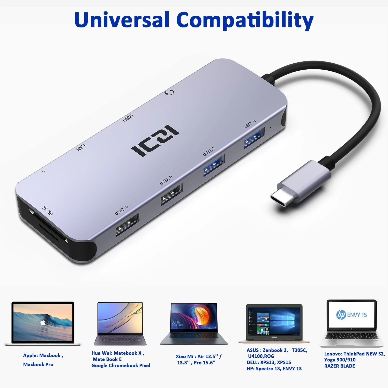 ICZI 10 в 1 USB C концентратор с 3,5 мм Аудио HDMI LAN TF \ SD слот USB 3,0 2,0 для Macbook huawei mate 10 \ 20 P20 samsung S8 S9 Note 9