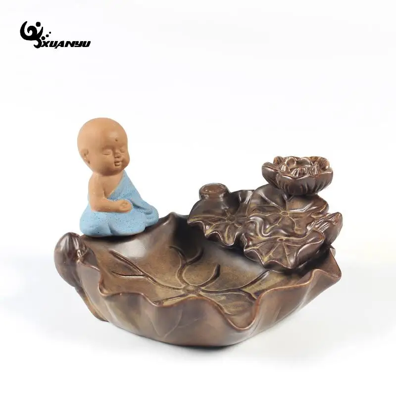 

Ceramic Monk Lotus Smoke Backflow Tower Incense Burner Censer Home Decoration F