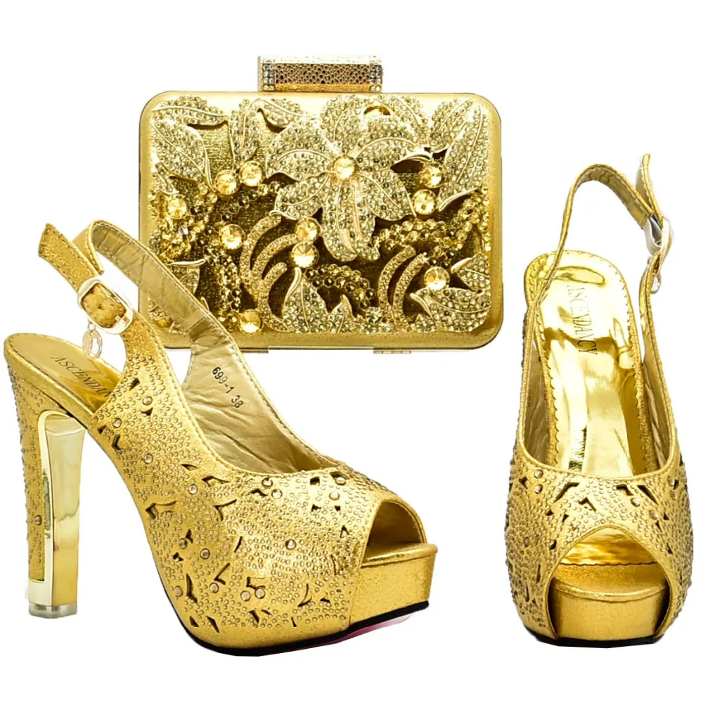 

Gold shoes and bag italy design new 2018 fashion african aso ebi wedding shoe bag matching set rhinestones shoe and bag SB8128-4