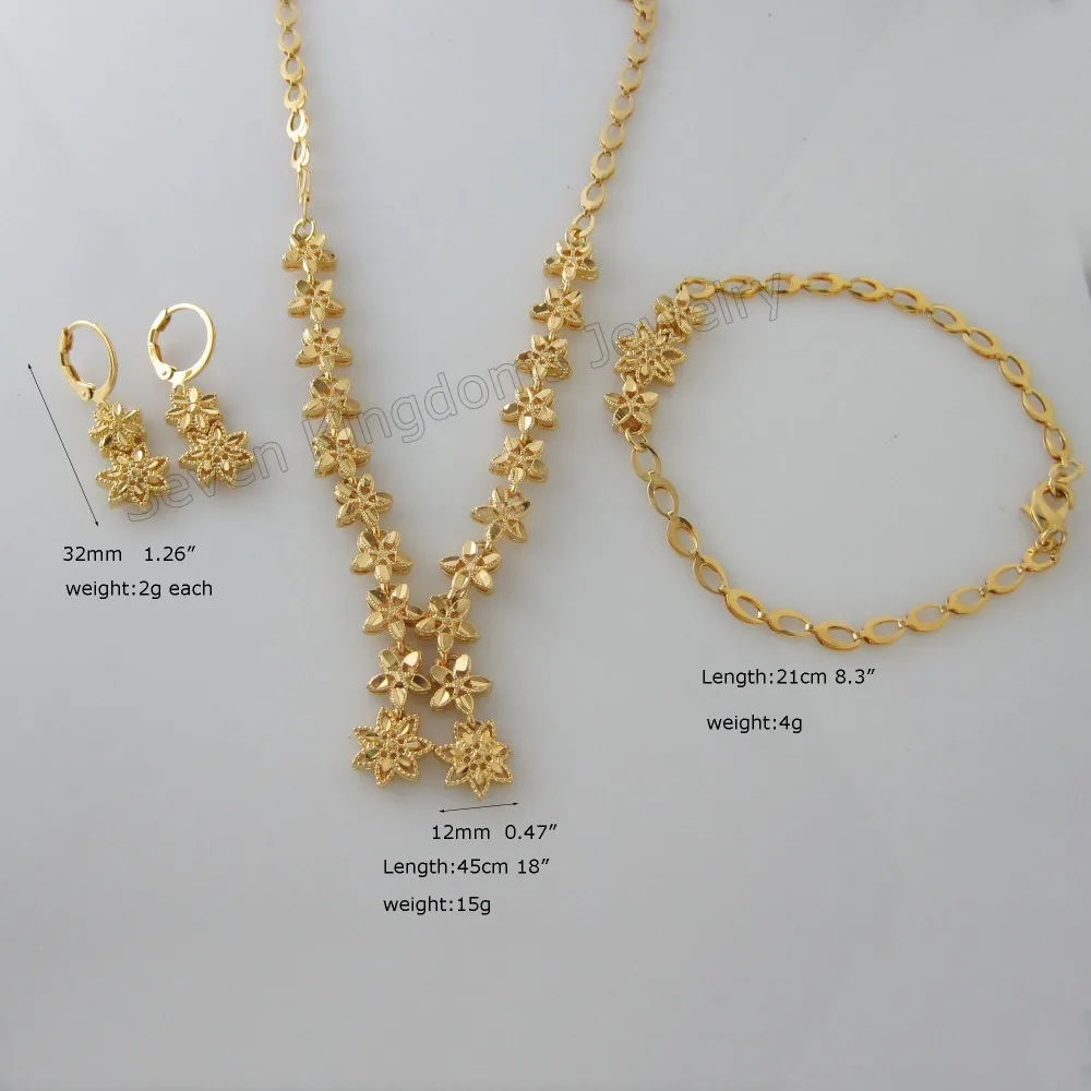 

MIN ORDER ONE PIECE - YELLOW GOLD GP OVERLAY VIVID FLOWER EARRING 1.26" BRACELET 8.3" NECKLACE WITH TWO CHARMS 18" SET
