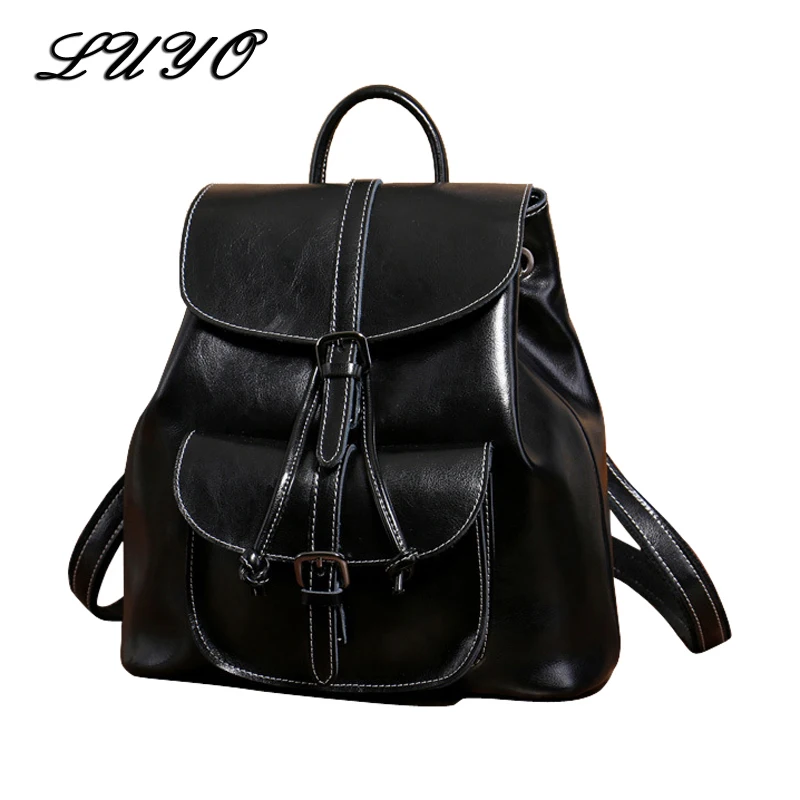 

LUYO Women Genuine Leather Vintage Travel Backpack Female Feminine Drawstring Bag Laptop Mochila Feminina Bagpack Schoolbag