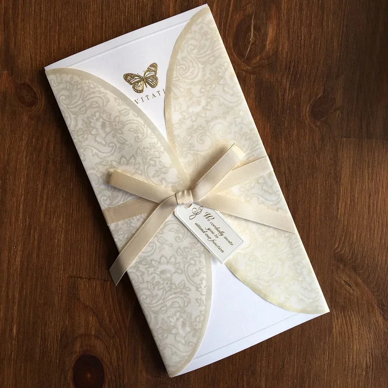 

L019 Elegant Wedding Invitation card classic desing while color with satin bow, 10 pcs per pack.