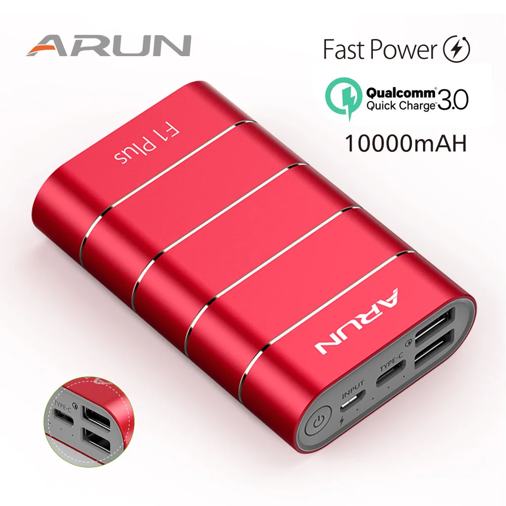 ARUN 10000 mAh power Bank QC3.0 интеллектуальная Внешняя батарея type c 2 USB Портативное мобильное