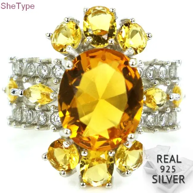 

SheType 5.6g Golden Citrine White CZ Woman's Party 925 Solid Sterling Silver Ring 23x21mm