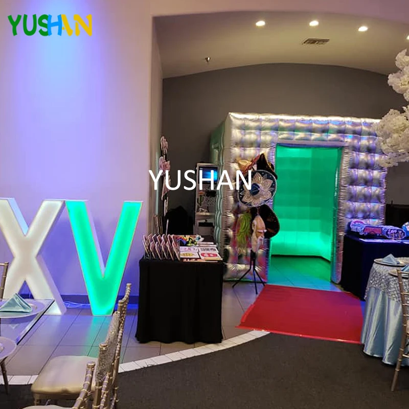 

8FT Shiny Silver Photo booth Inflatable Photo booth Party Backdrop with RGB LED strip and Silver Curtain Inflatable Cabin Sales