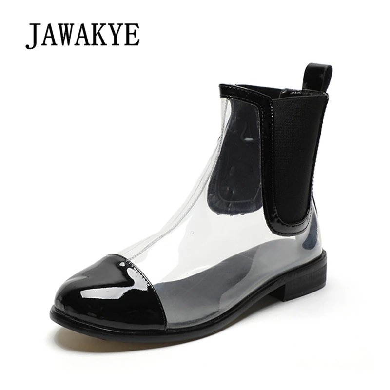 

2018 New PVC Transparent Flat Shoes Women Clear Ankle Boots patchwork Square low heel Round toe Autumn Shoes Short Rain Boots