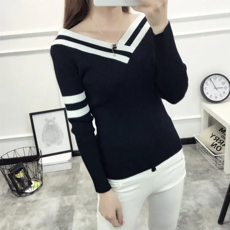 New Autumn Winter Woman's Sweater Bottoming Pullovers Slim Sweaters V Neck Sexy Long Sleeves Sweaters Black white Striped