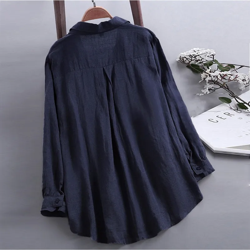HOT Fashion womens tops and blouses 2018 Daily Casual Loose Linen Soild Button Solid Long Sleeve Shirt Blouse Tops A13#N  (7)