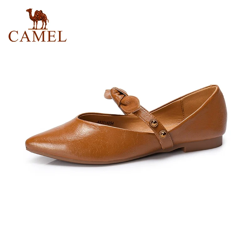 

CAMEL New Spring Women Retro Elegant Low Flats Single Shoes For Ladies Point Toe PU Leather Slip On Bow Tie Shoes