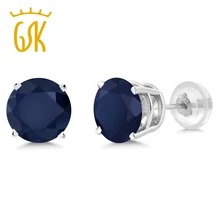 GemStoneKing 14 K Pendientes de Oro Blanco Para Las Mujeres 2.00 Cttw 6 MM Corte Redondo Azul Zafiro Natural Del Perno Prisionero