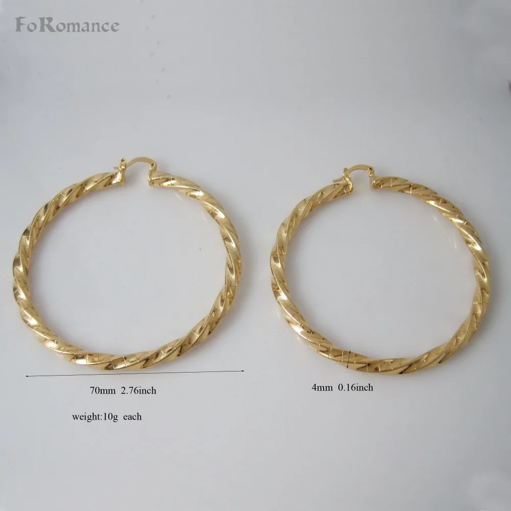 

FoRomance /SURFACE WITH LINES ON IT YELLOW GOLD GP OVERLAY ROUND BIG HUGE HOOP EARRING DIAMETER 70MM 2.76" BIGGEST WIDTH 4MM