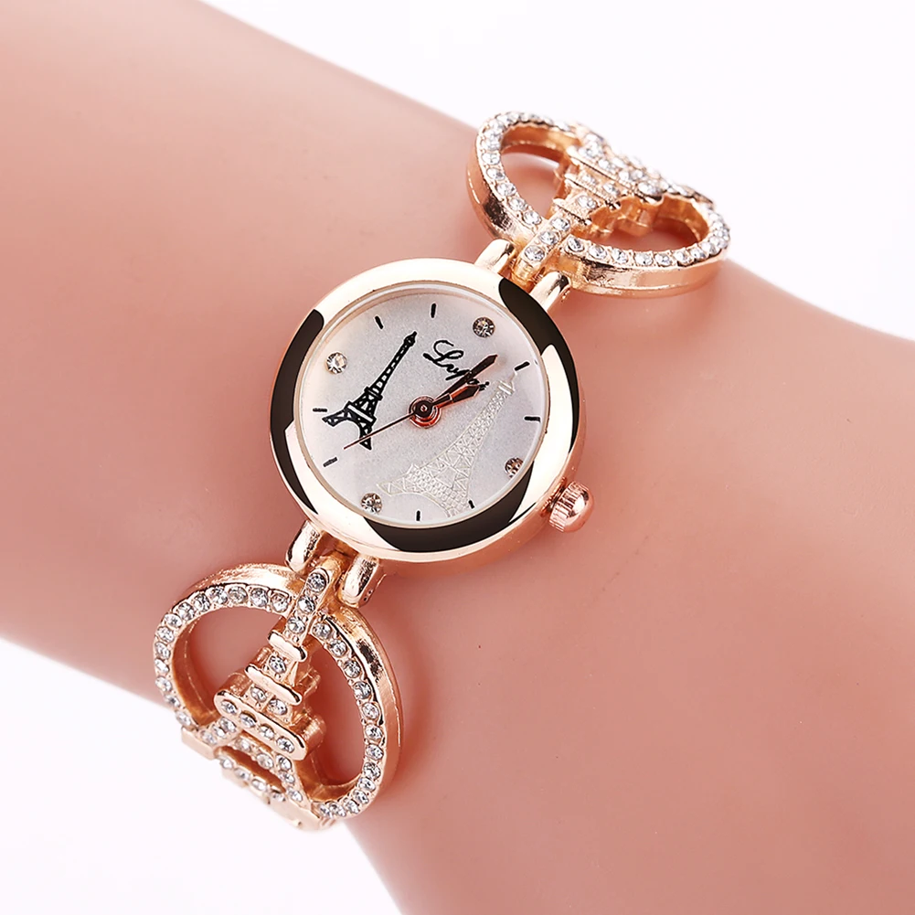 

Women Elegant Eiffel Tower Rhinestone Hollow Band Quartz Bracelet Wrist Watch