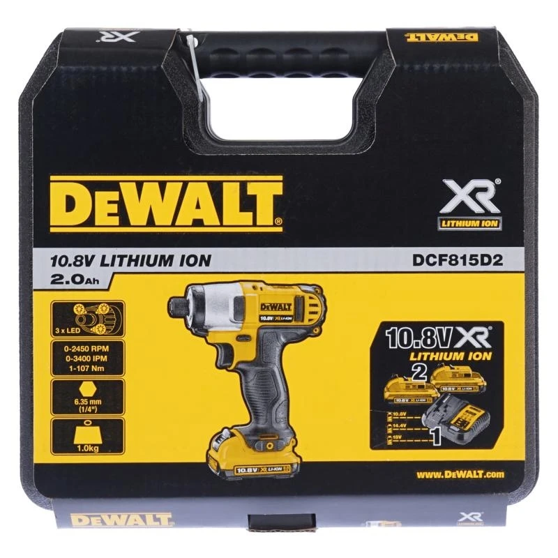 Шуруповерт аккумуляторный DeWalt DCF815D2 (мощность аккумулятора 10.8 В, крутящий момент 107 Нм, 0-2450 об/мин, 3400 уд/мин реверс, подсветка рабочей зоны, кейс, 6.35 мм шестигранный держатель с автоматической фиксацией)