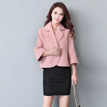 

2018 Spring Autumn New Women Large Size Loose Woolen Jacket Solid Color Double-breasted Nine Sleeves Female Short Wool Coat LD18