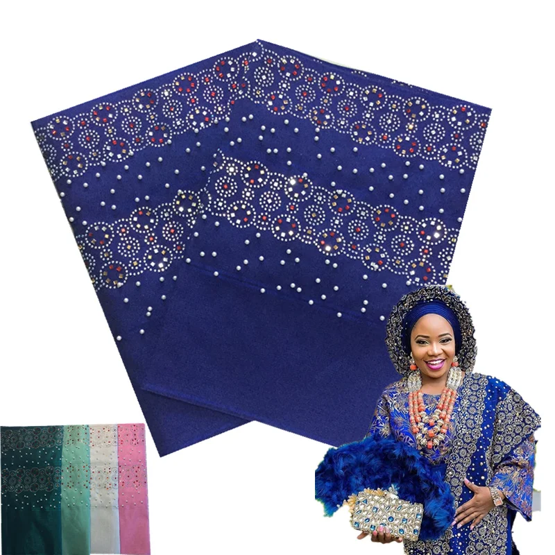 

Nigeria high quality Luxury Aso Oke Gele with beads and big stones african aso oke headwrap good selling aso oke with full beads