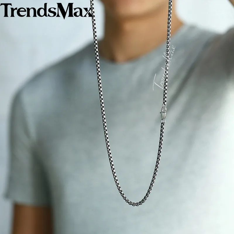 Trendsmax, круглая коробка, звено, ожерелье для мужчин, цепь из нержавеющей стали, бронзовая, тон 2-6 мм, KKNM160