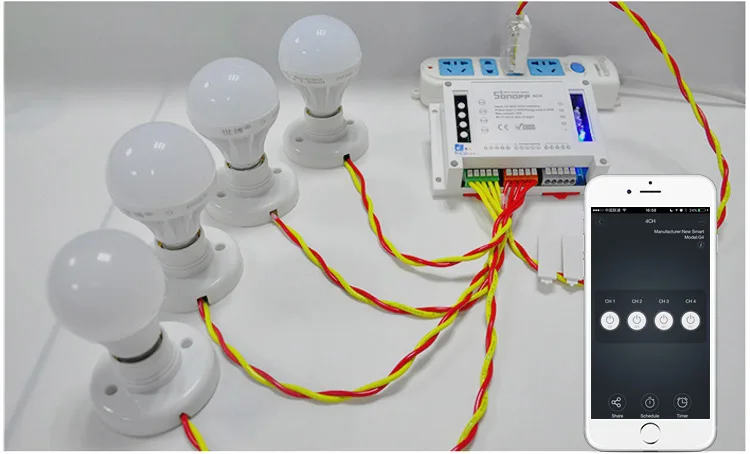 Интеллектуальный выключатель света Sonoff 4CH Интеллектуальный переключатель Wi-Fi универсальный пульт дистанционного управления интеллигентая(ый) переключатель прерыватель 4 канала c креплением на рейке Din для умного дома