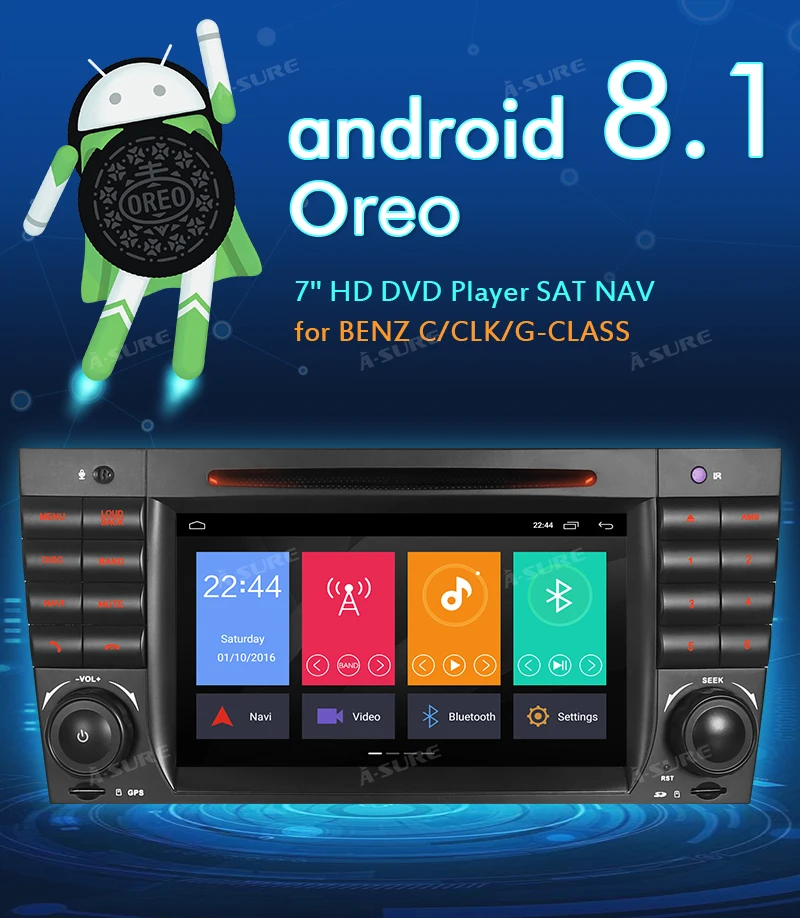 Best A-Sure 2 Din Android 8.0 Auto Radio GPS DVD Player Navigation For Mercedes Benz C Class W2019 W209 AMG CLK CLC WIFI 4G BT DAB+ 4