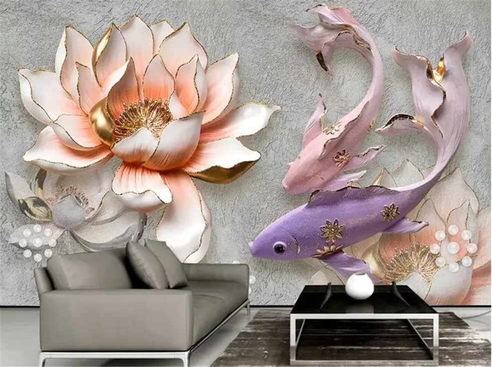 Lotus fish Ретро свежий 3D ТВ задний план стены Профессионально Производство фрески, обои оптом, на заказ плакат фото