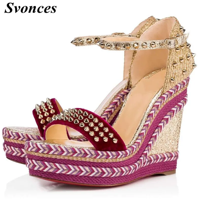 

Pink Espadrille Women Wedges Shoes 2019 Summer Sandals Studded Platform High Heel Sandals Braided 12cm Denim Wedge Heel Red Sole