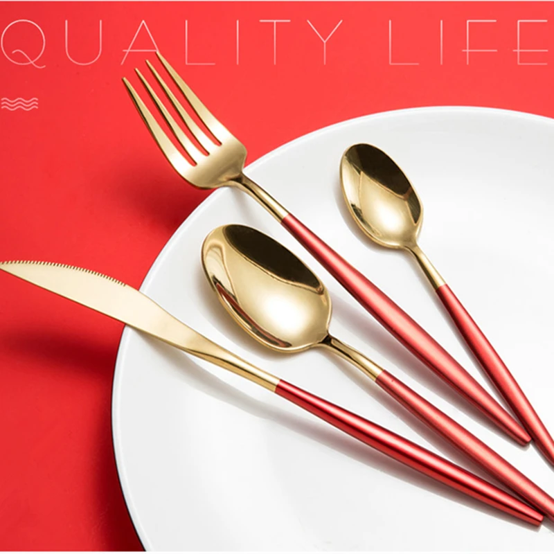 

KuBac HoMmi 24Pcs Blue Black White Gold Dinnerware Set 18/10 Stainless Steel Knife Fork Red Gold Cutlery Set Drop Shipping