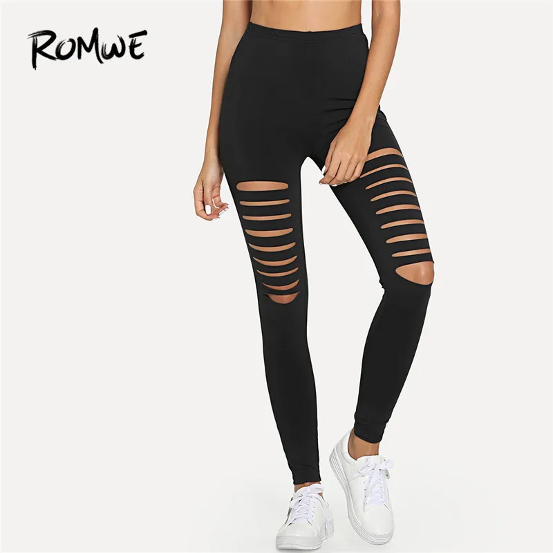 Romwe Sport Solid Black Sexy Ladder Ripped Running Tights Women