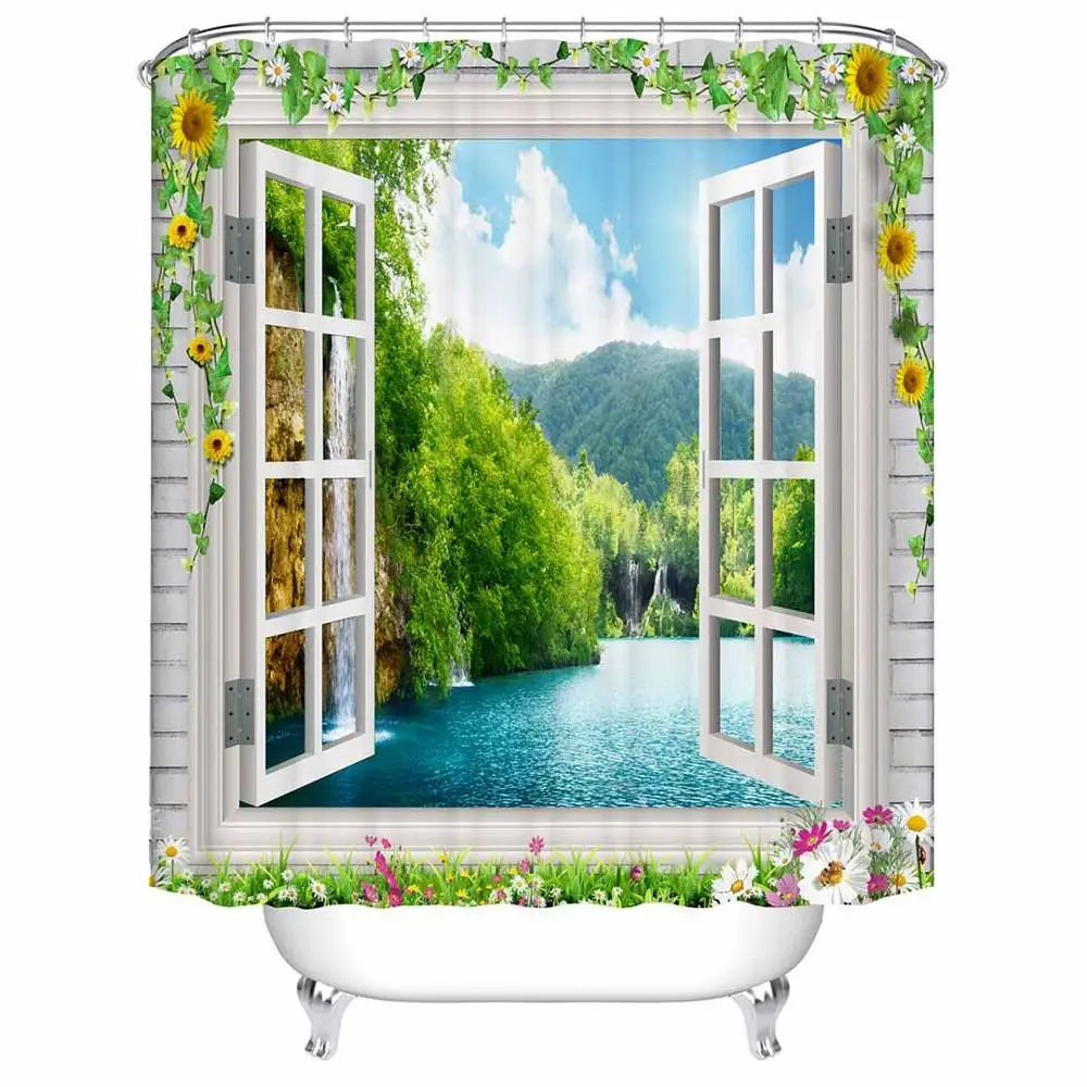 Цветочный сад летний пейзаж вид через окно эффектный Сельский пейзаж с большой ветряной мельницей занавеска для душа - Цвет: 01