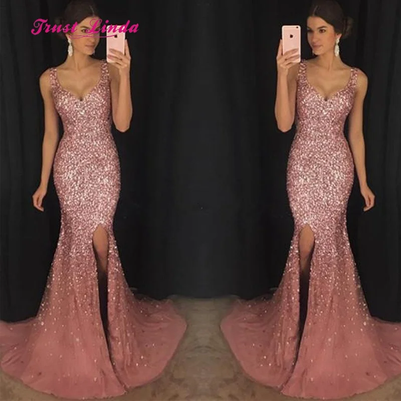 

Gorgeous Long Dress For Wedding Party For Woman Sweetheart Floor Length Mermaid Crystal Beaded Wedding Party Dress Side Slit