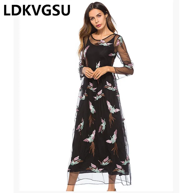 2018 Spring Summer Women New Embroidery Lace Dress Half Sleeve Net Yarn