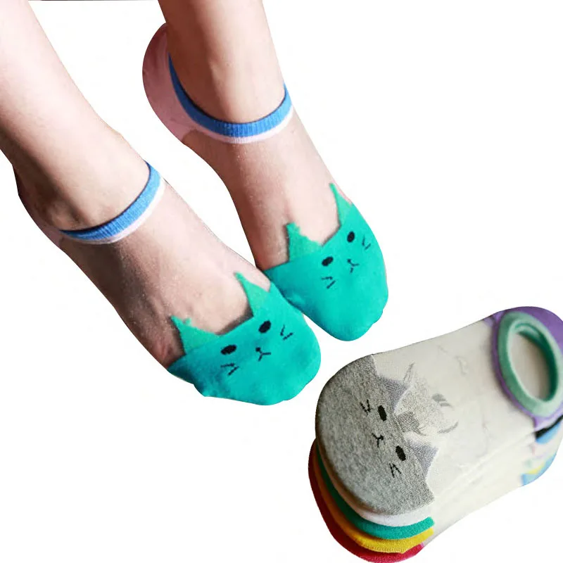 5 пар, женские модные повседневные шелковые носки с низким вырезом, невидимые носки Harajuku, прозрачные носки для девочек, летние забавные носки с животными