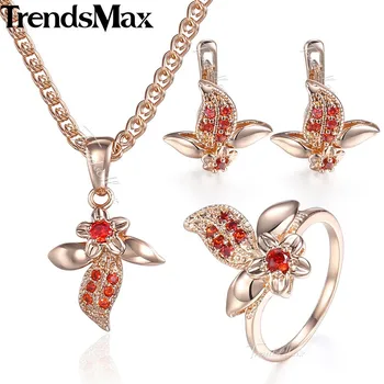 

Trendsmax Leaf Flower Jewelry Set 585 Rose Gold Earrings Ring Pendant Necklace For Women Girls Fashion Jewelry Gifts KGE119
