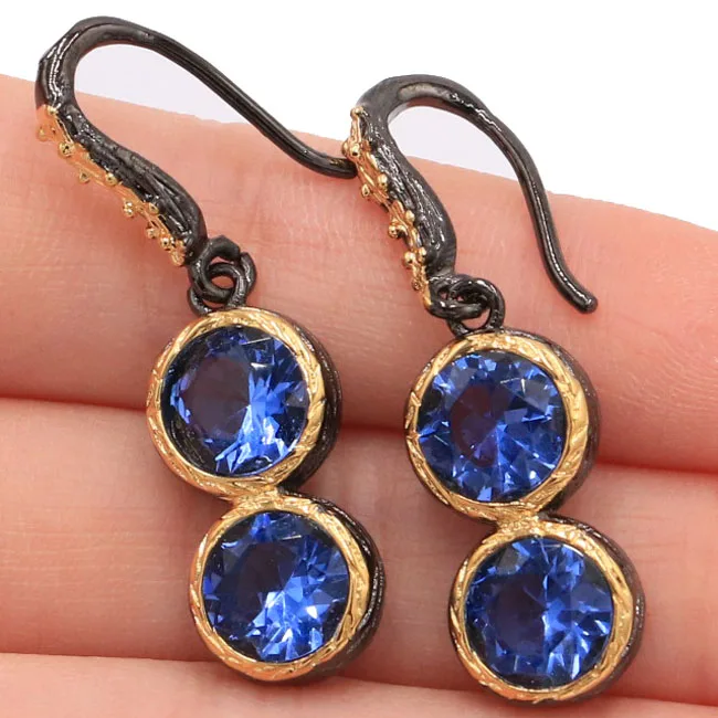 

Vintage Style 10 g Round Rich Blue Violet Tanzanite Black Gold Silver Earrings 39x11mm