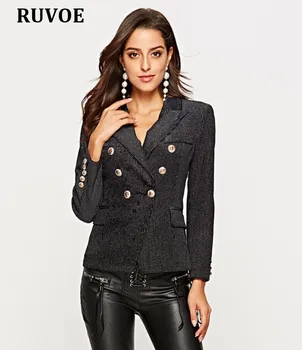 

Winter Work Fashion Black Jacket For Women V-Neck Long Sleeve Double Breasted Striped Jacket Office Lady Feminino 2018