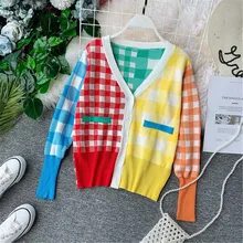 NiceMix дизайнерский подиумный женский кардиган осенний клетчатый свитер пальто с v-образным вырезом Кардиган вязаный Радужный Повседневный пальто свободный Outwe