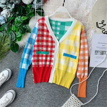 

NiceMix Designer Runway Women Cardigans 2019 Autumn Plaid Sweater V-neck Coats Cardigan Knitted Rainbow Casual Coat Loose Outwe