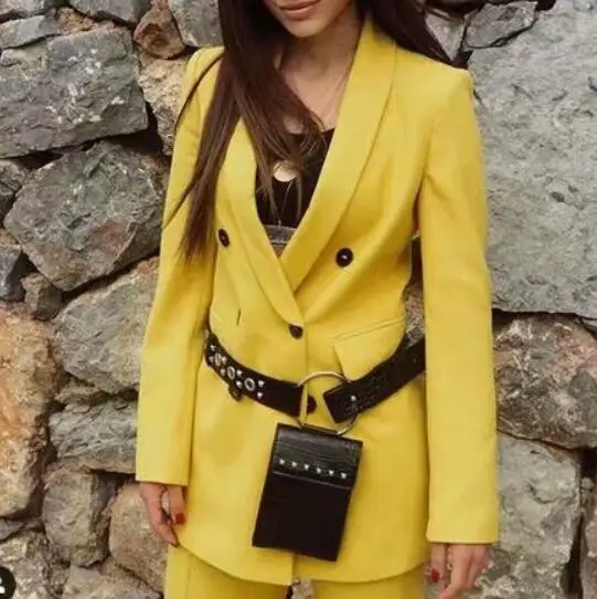 2019 الربيع الخريف اللون الأصفر النساء الحلل مكتب سيدة العمل الدعاوى العصرية النساء ملابس مزدوجة الصدر سترة معطف