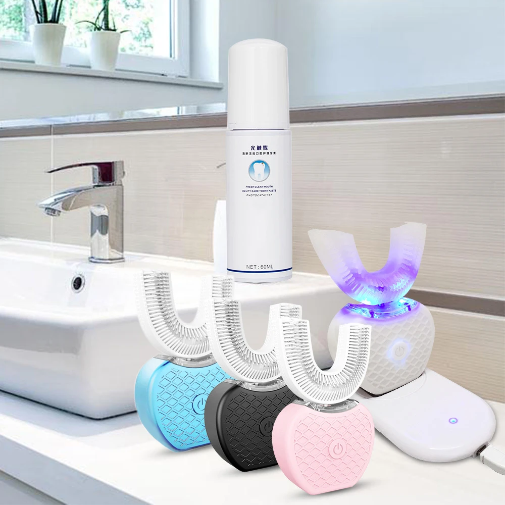 

360 Degrees Automatic Electric Sonic Toothbrush Intelligent Toothbrush USB Charge U Shape 4 Mode Teeth Whitening Blue Cold Light