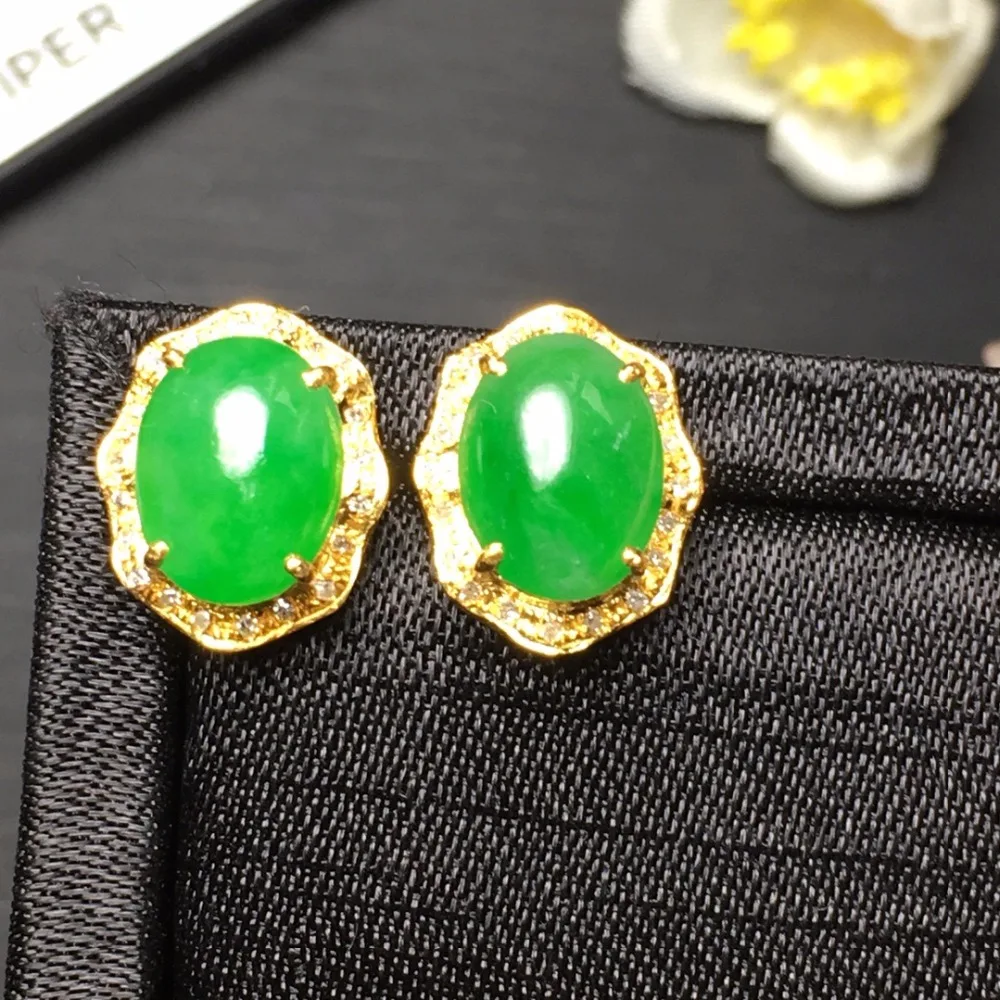 

Fine Jewelry Collection Real 18K Yellow Gold AU750 100% Natural Green Jade Gemstone Myanmer Origin Stud Earrings for Women