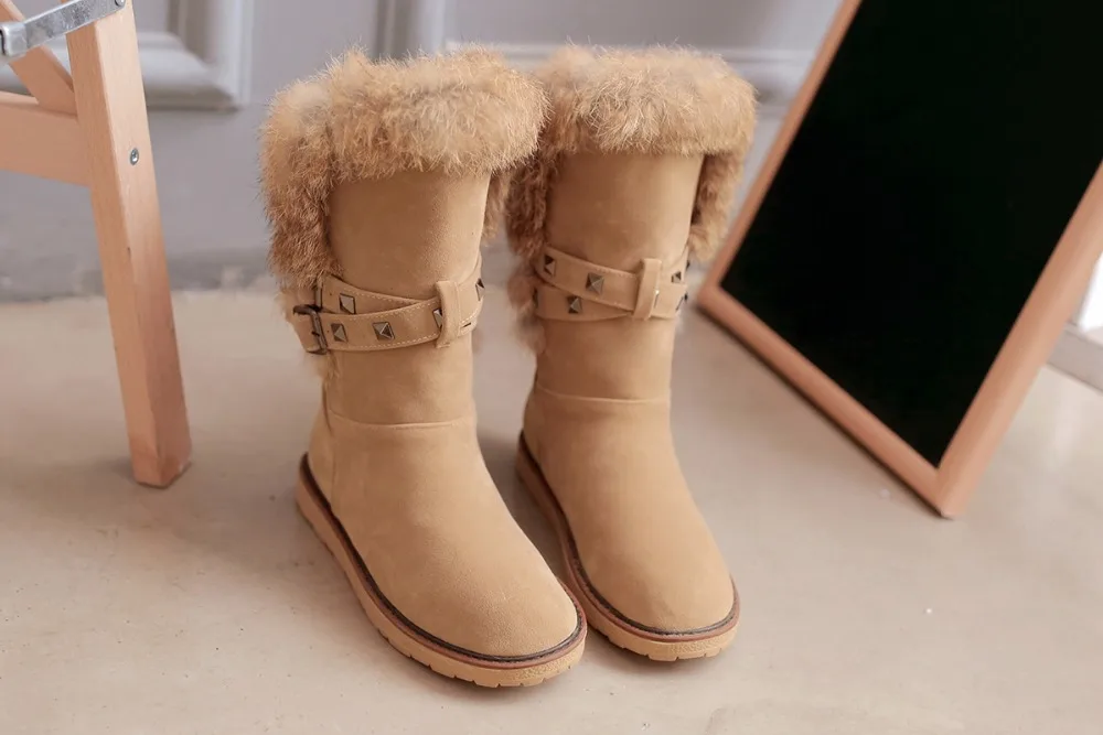 Большие размеры 34-43; зимние женские ботинки; теплые ботинки на меху на плоской подошве с кроличьим мехом и заклепками; зимние ботинки с круглым носком; Zapatos; n048