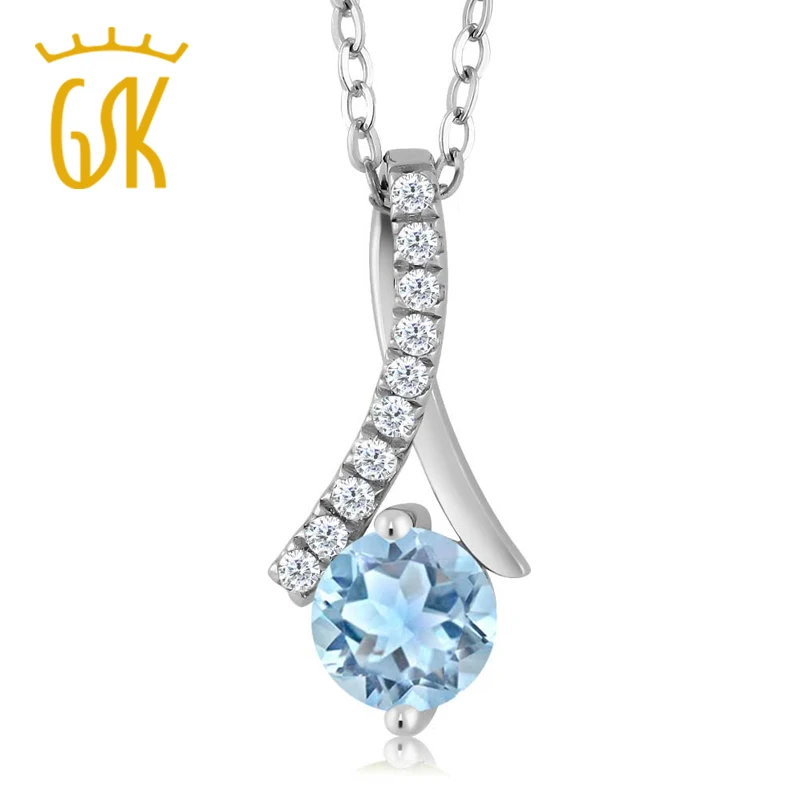 GemStoneKing 0 90 Ct Round Natural Sky Blue Aquamarine 925 Sterling Silver Pendant Necklace For Women