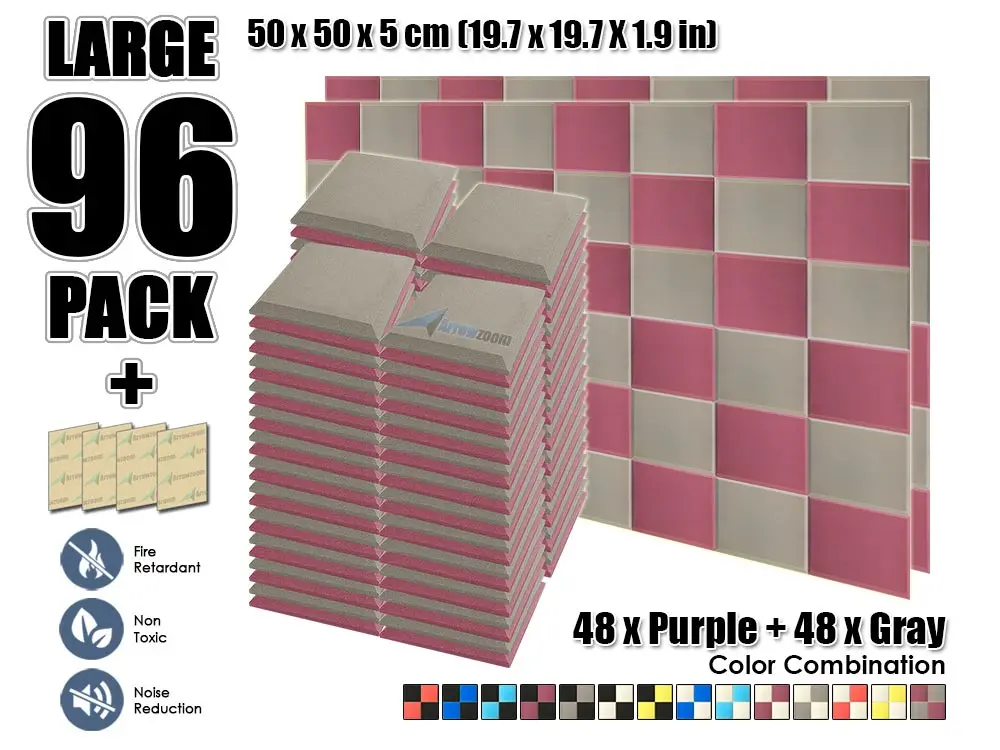 Arrowzoom 96 шт. 19," x 19,7" x 1," Цветная комбинация плоская коническая плитка студия Звукопоглощающая Панель акустическая обработка пены - Цвет: Purple and Gray
