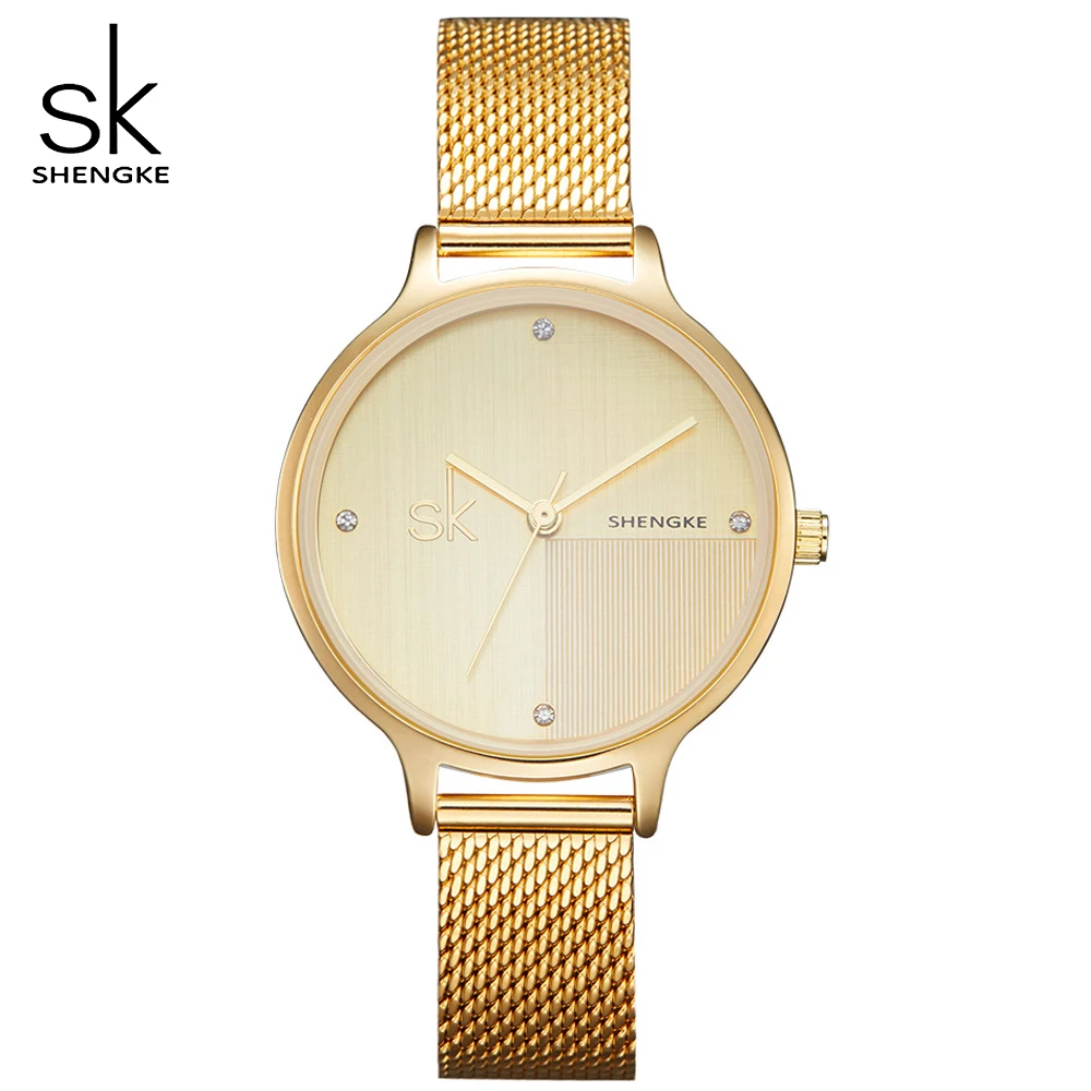 

SK Women Fashiong Golden Stainless Steel Mesh Belt Watch Women's Slim Case WristWatches Lady Quartz Watches Relogio Feminino