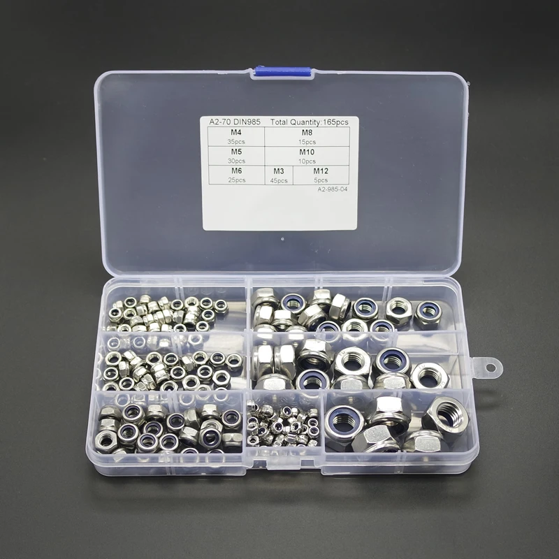 

165pcs Stainless Steel Nylon Insert Locknut Assortment Kit M3 M4 M5 M6 M8 M10 M12