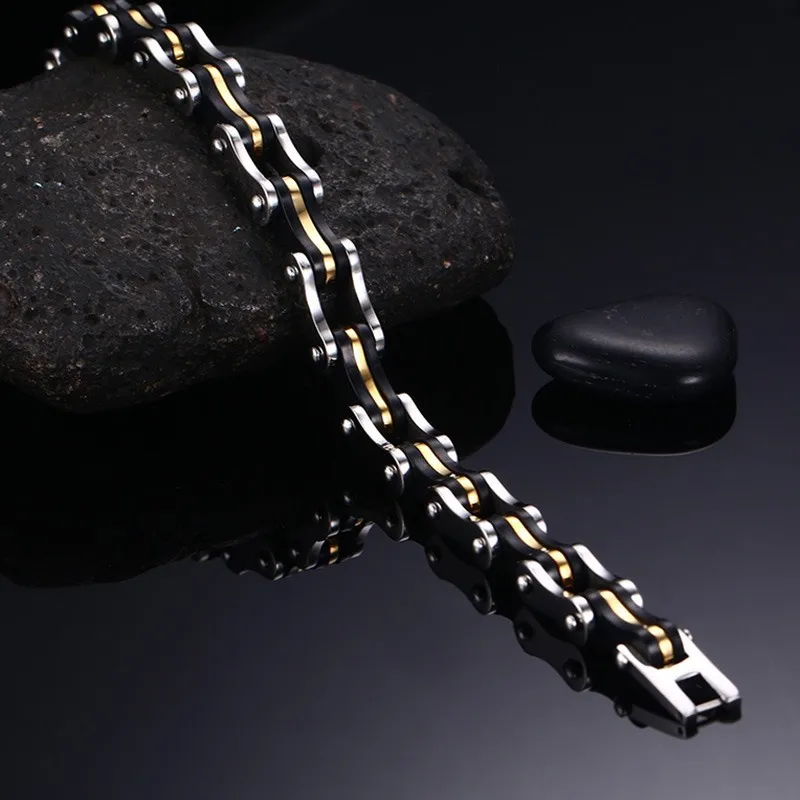 

Japanese and Korean fashion jewelry stainless steel silicone gold bicycle chain men's personality bracelet motorcycle chain