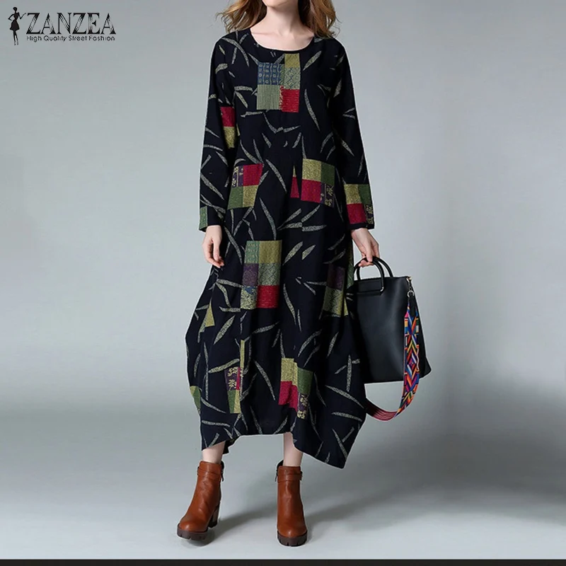 ZANZEA новое осенне-зимнее женское хлопковое Макси длинное платье свободное мешковатое льняное платье с круглым вырезом и длинным рукавом Кафтан Vestidos размера плюс - Цвет: Тёмно-синий