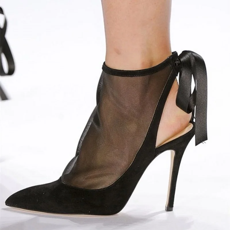 

Women Sexy Pumps Shoes Black Suede Mesh Straps Slingback Heels Pumps Women Pointed Toe Thin Heels Stilettos Catwalk Shoes Sping