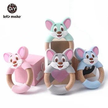 

Let's Make 1pc Silicone Mouse Beech Wooden Teether Ring Wooden Ring 60mm Cute Baby Rattles Teething Toy For Baby Nursing Pendant