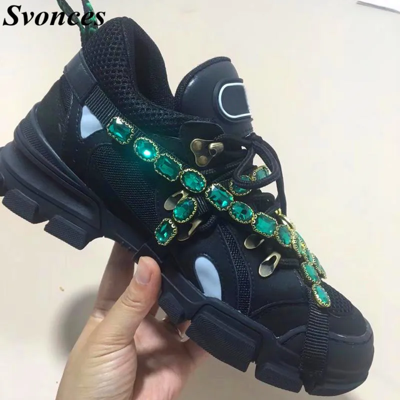 

Rhinestone Casual Platform Shoes Women Thick Bottom Sneakers Crystal Cross-tied Belt Trainers Female Chaussure Genuine Leather